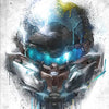 A stylized, metallic helmet with glowing blue eyes and dripping liquid effects, rendered in dark blues and silvers.