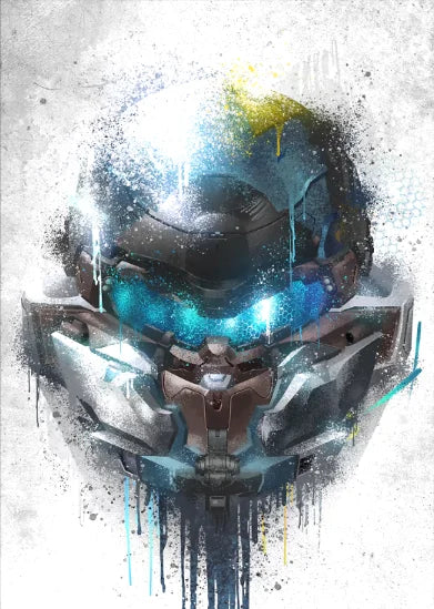 A stylized, metallic helmet with glowing blue eyes and dripping liquid effects, rendered in dark blues and silvers.