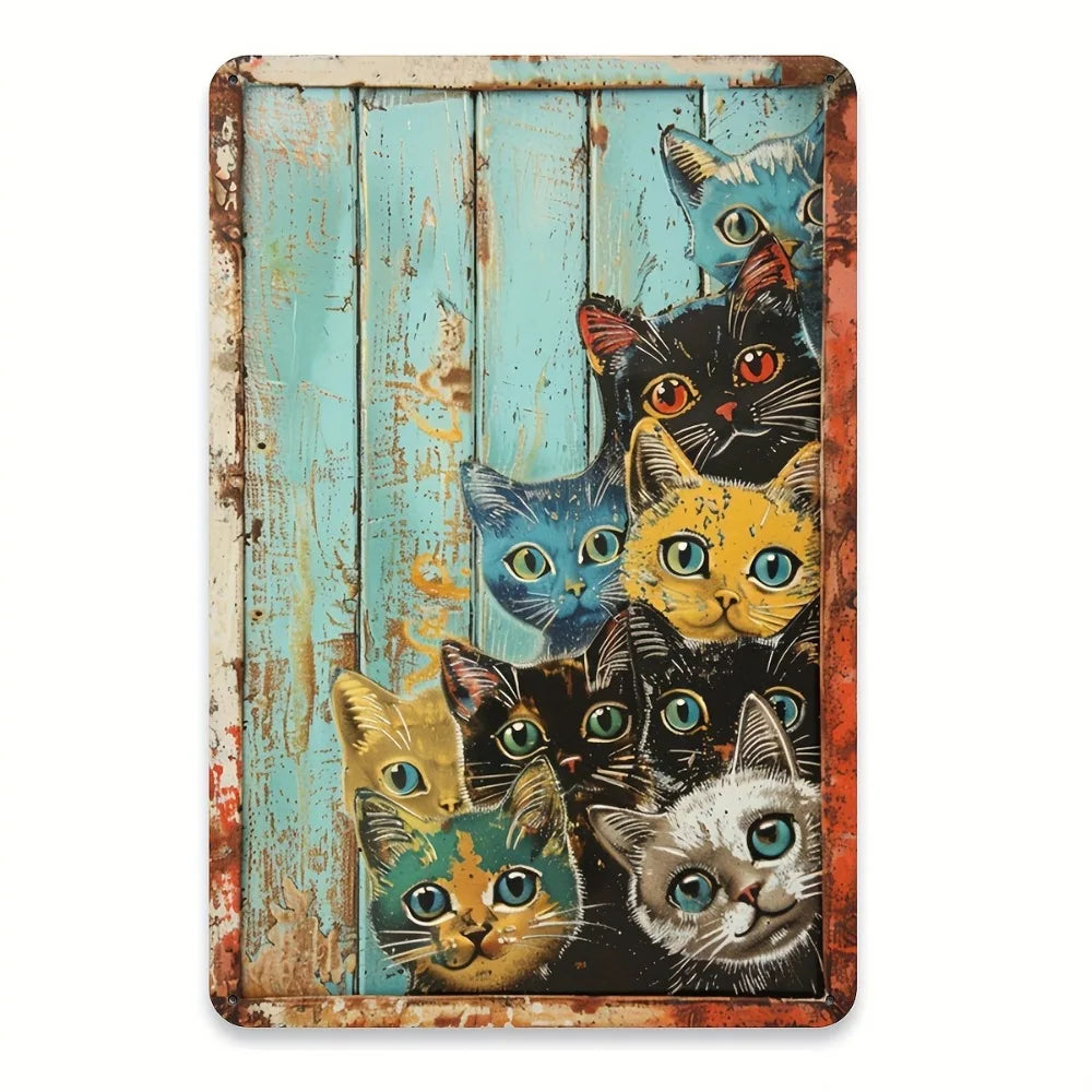 A vertical rectangular metal tin sign featuring multiple cats in various expressions against a distressed teal and rust backg