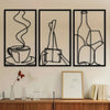 Three framed minimalist line art prints depicting a cup, a pen, and a wine glass on a light wall.