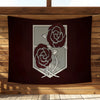 A dark brown banner displaying a crest featuring a deep red rose on a gray shield, hanging on a wooden wall.