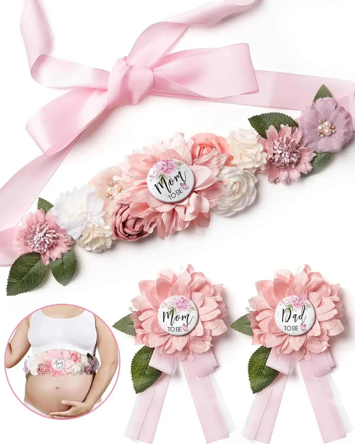 Pink floral maternity sash and corsage pin set with a bow for a baby shower