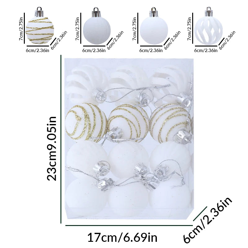 A set of six white velvet Christmas tree hanging ornaments with gold stripes and silver accents displayed in a box.