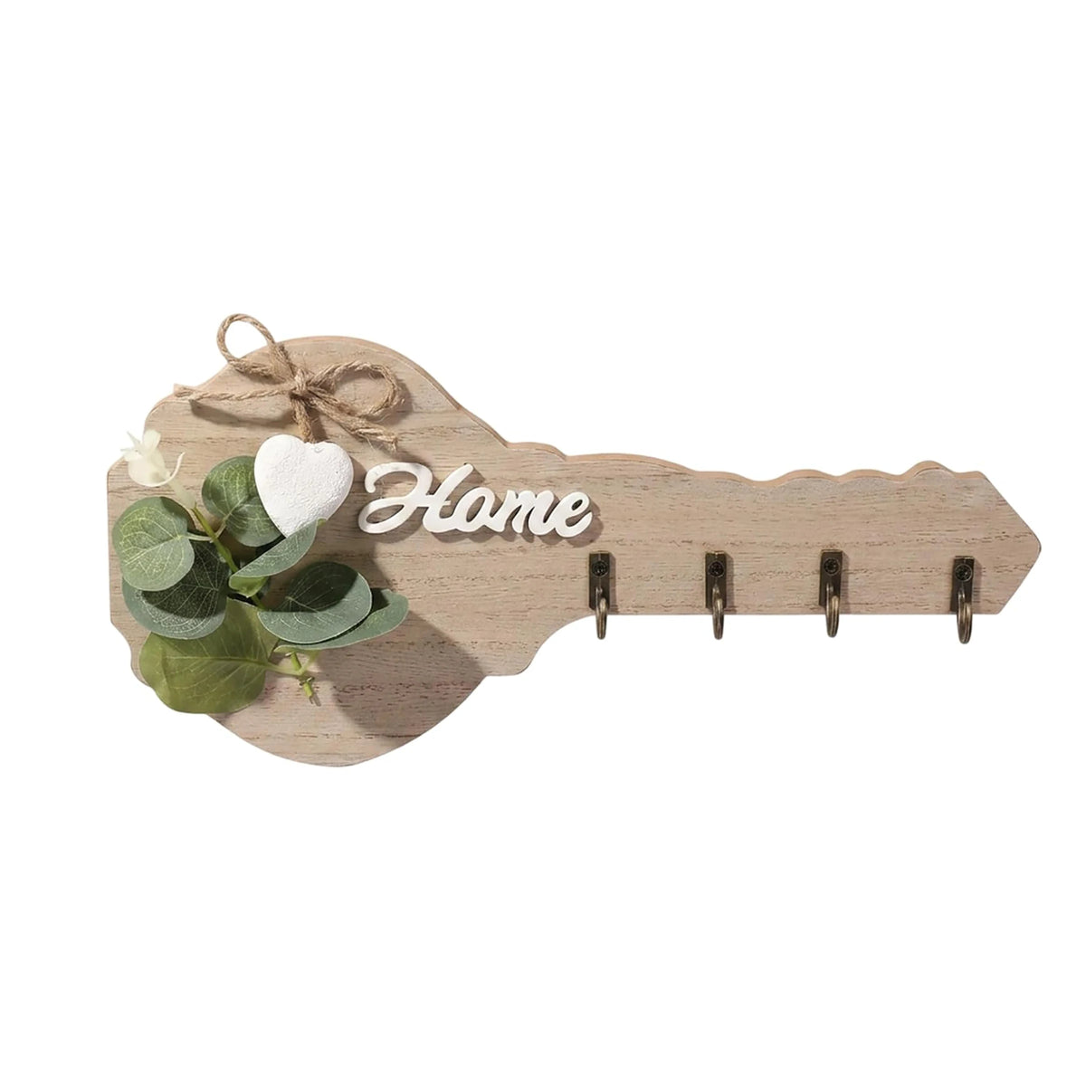 Rustic wooden key holder with a heart accent and four hooks made of light wood.