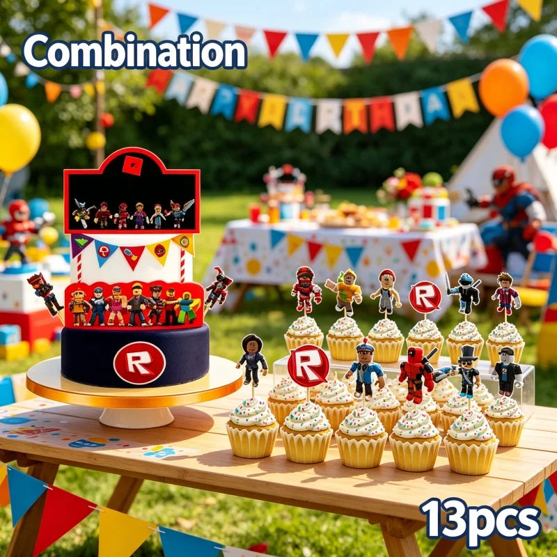 A set of complete robot themed disposable party supplies including a multi-tiered cake and numerous robot figurines on a wood