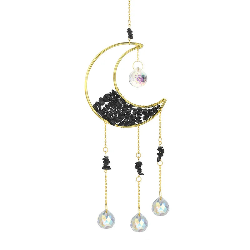 Gold moon suncatcher wind chime with prism accents featuring a crescent moon shape and hanging beads