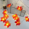 A string of orange and red maple leaf LED lights displayed on a white surface.