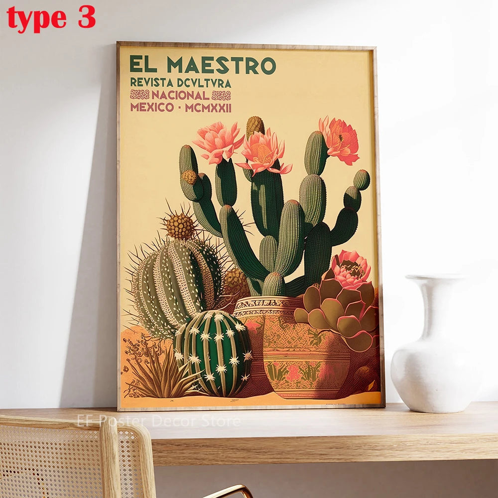 A framed poster featuring a vibrant illustration of prickly pear cacti in pink and green tones.