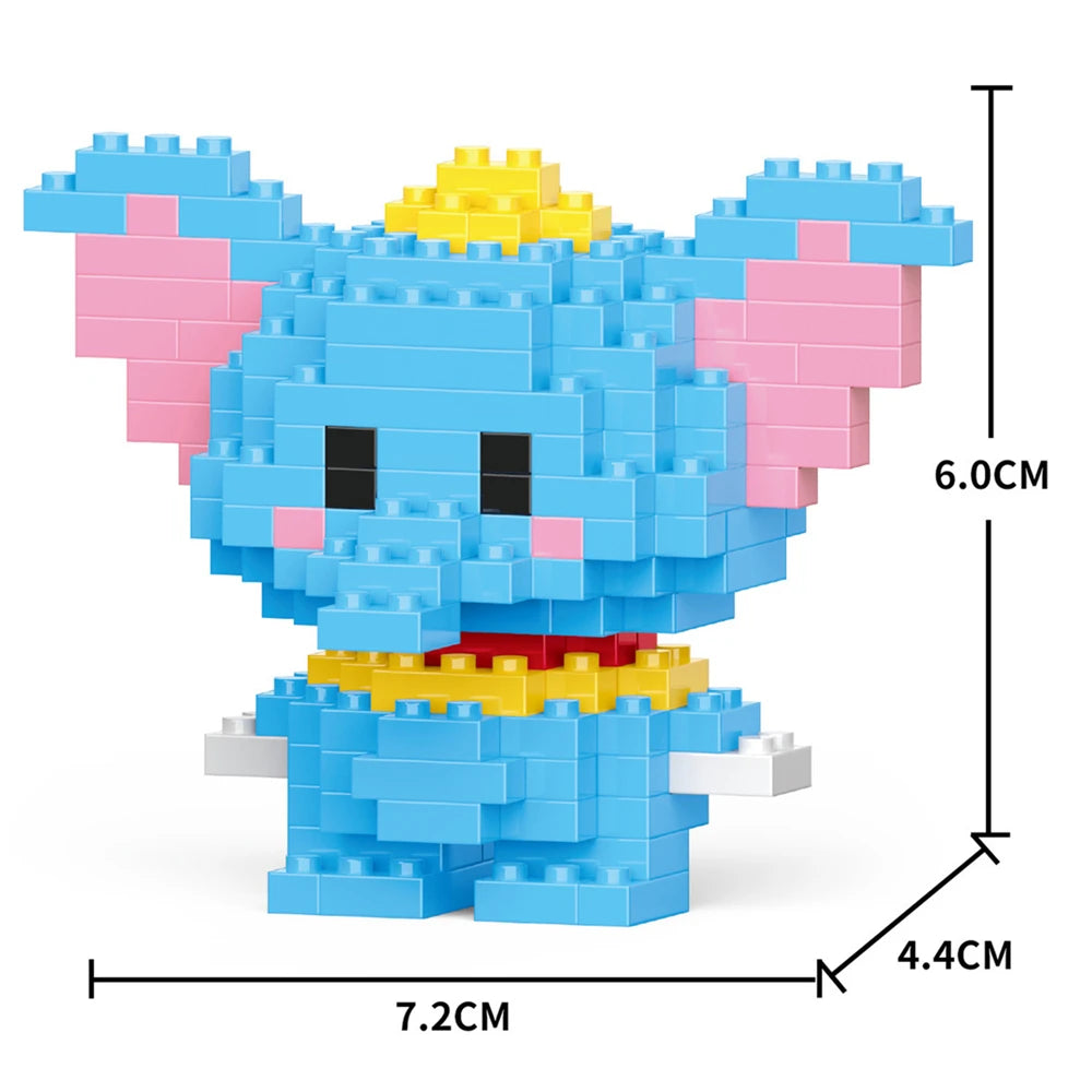 A blue animal model built from LEGO bricks with pink ears and a yellow crown.