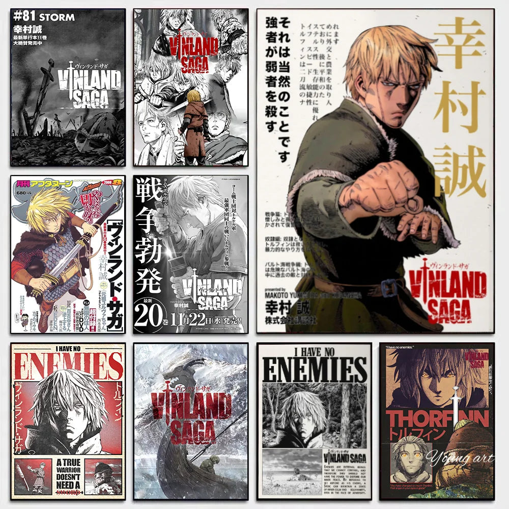A collection of posters and prints featuring characters and scenes from Vinland Saga in various styles.