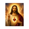 A painting of Jesus Christ with a halo, holding a glowing Sacred Heart on his chest.