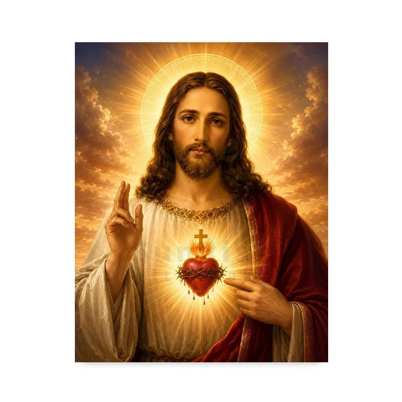 A painting of Jesus Christ with a halo, holding a glowing Sacred Heart on his chest.