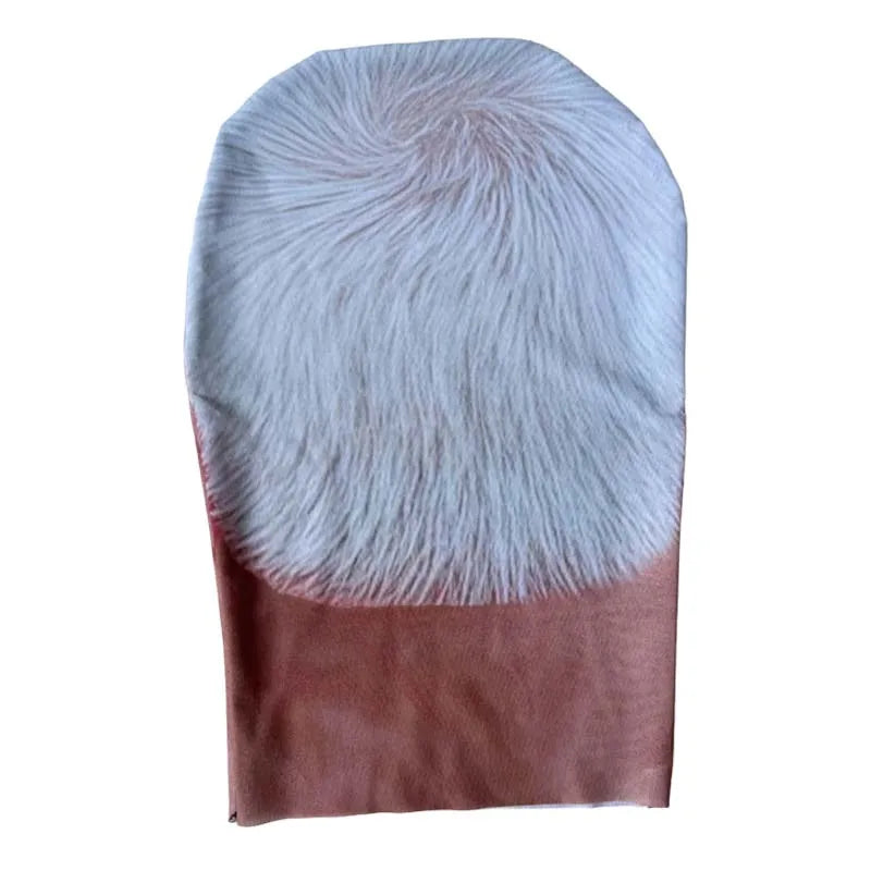 A double-sided full face balaclava mask featuring a fluffy white outer layer and a brown inner lining.