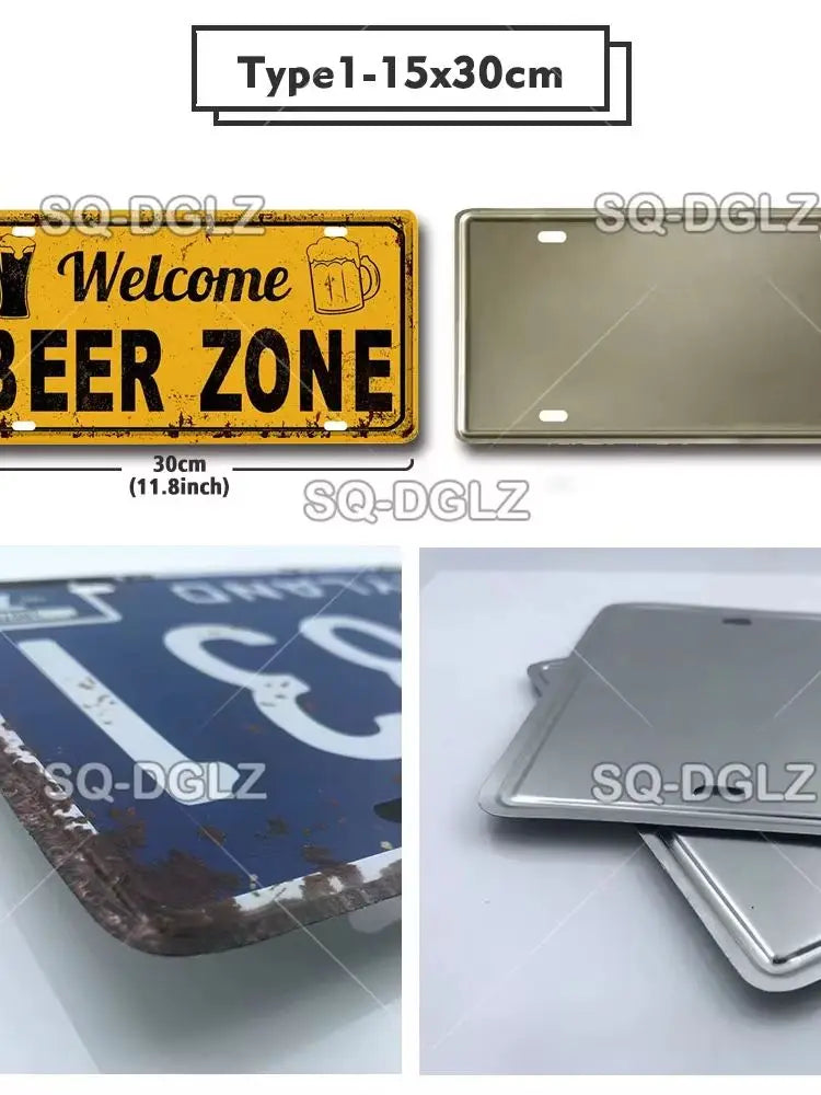 A yellow metal license plate with the text Welcome Beer Zone and a silver metal plate.
