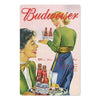A vintage illustration of a woman holding a beer glass and a man looking at her, with the word Budweiser visible.