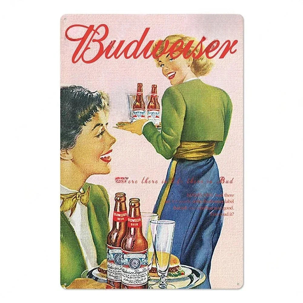 A vintage illustration of a woman holding a beer glass and a man looking at her, with the word Budweiser visible.