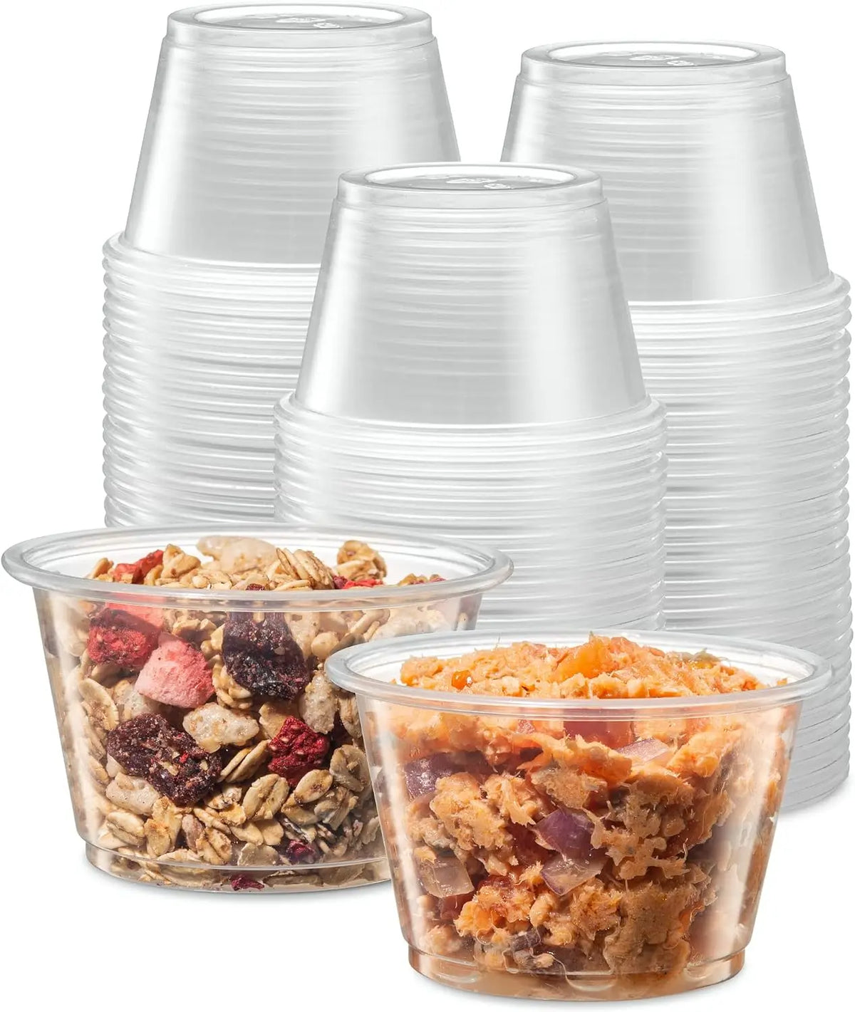 A stack of clear disposable plastic bowls with lids and a bowl filled with granola