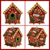 A set of four detailed gingerbread house diamond painting ornaments in red and gold.