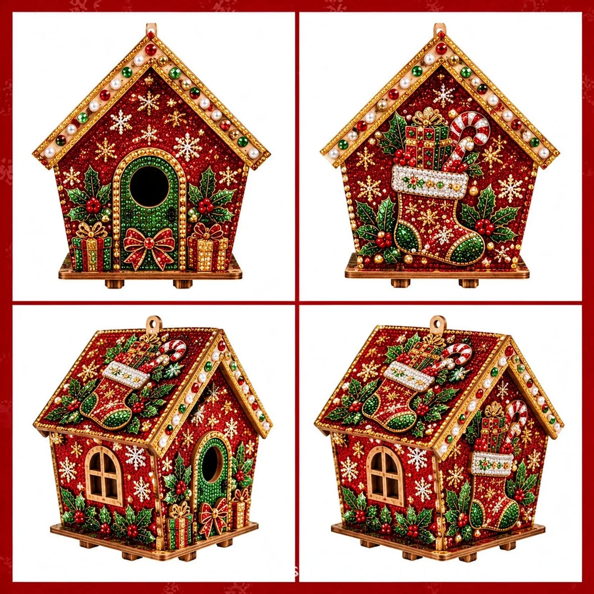 A set of four detailed gingerbread house diamond painting ornaments in red and gold.