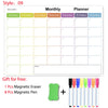 A monthly planner grid with empty boxes and a gift set of magnetic eraser and pen.