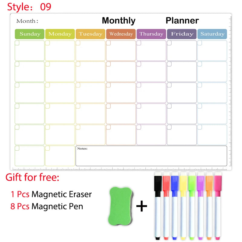 A monthly planner grid with empty boxes and a gift set of magnetic eraser and pen.