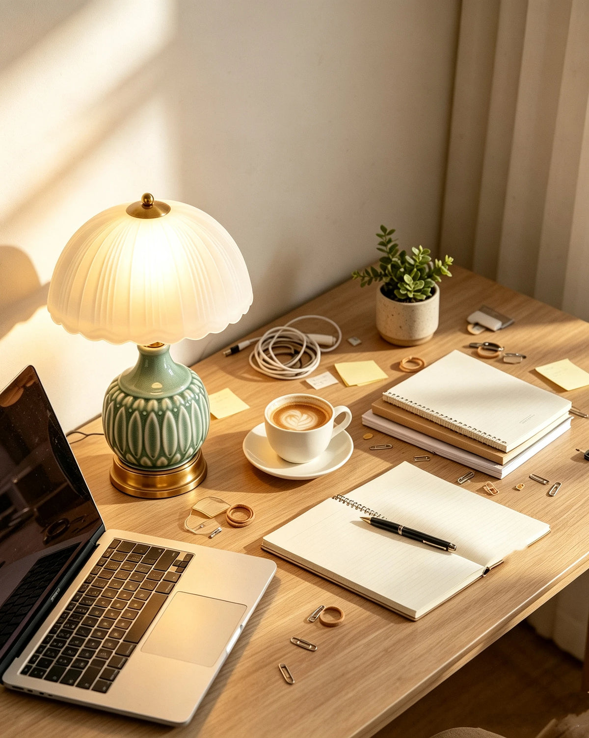 A wooden desk features a ceramic table lamp, a laptop, and notebooks under bright natural light.