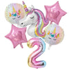 A set of pink and iridescent foil balloons featuring a unicorn and the number two for a birthday party.