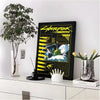 A framed poster of Cyberpunk Edgerunners featuring neon yellow and black graphics displayed on a white shelf.