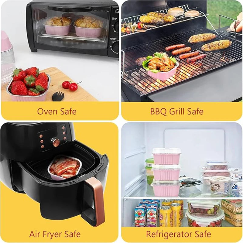 A set of reusable aluminum foil baking cups with lids and spoons shown in various contexts like an oven, BBQ grill, and refri