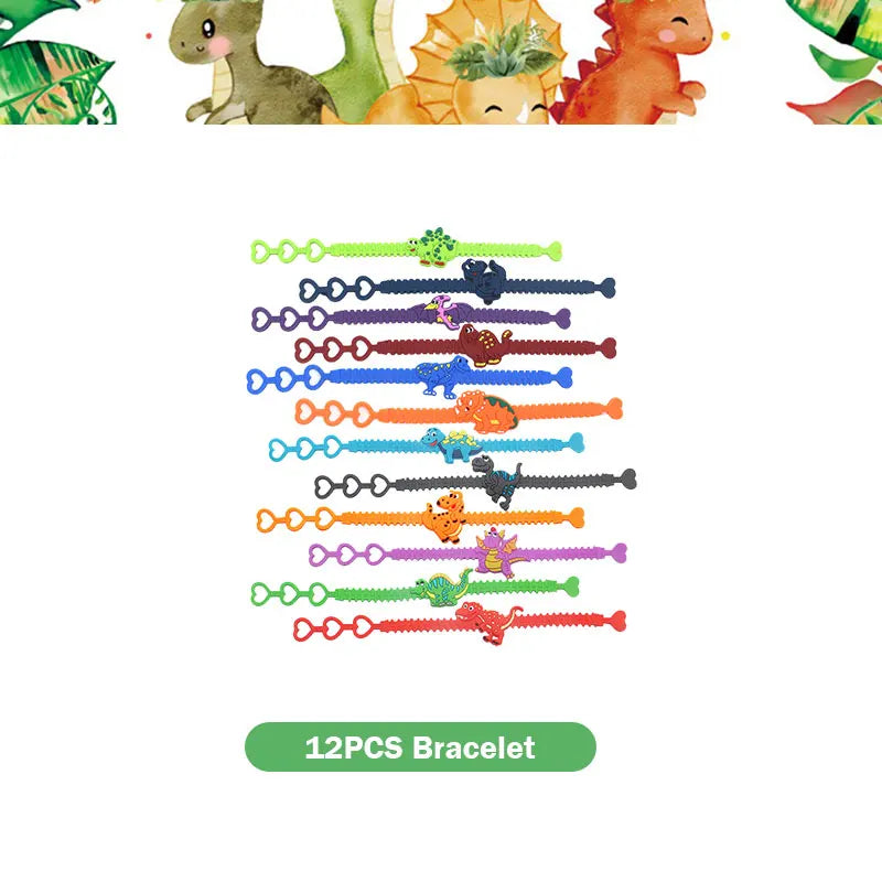 A set of 12 beaded bracelets featuring dinosaur designs in various colors and greens.