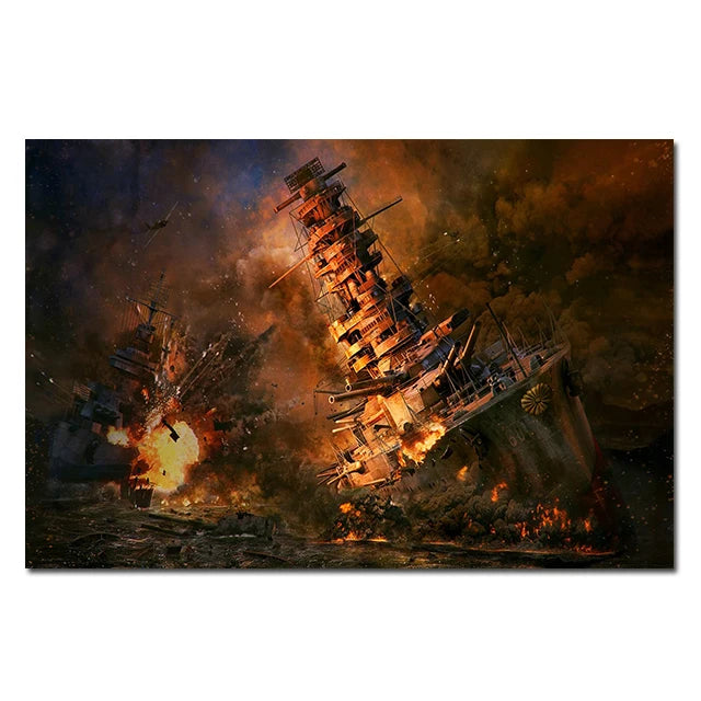 A dramatic painting of a heavily damaged battleship, resembling the Bismarck class, engulfed in fire and smoke against a dark
