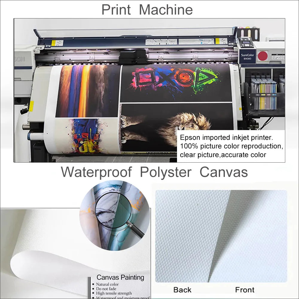 Print machine producing a waterproof polyester canvas poster featuring colorful martial arts artwork