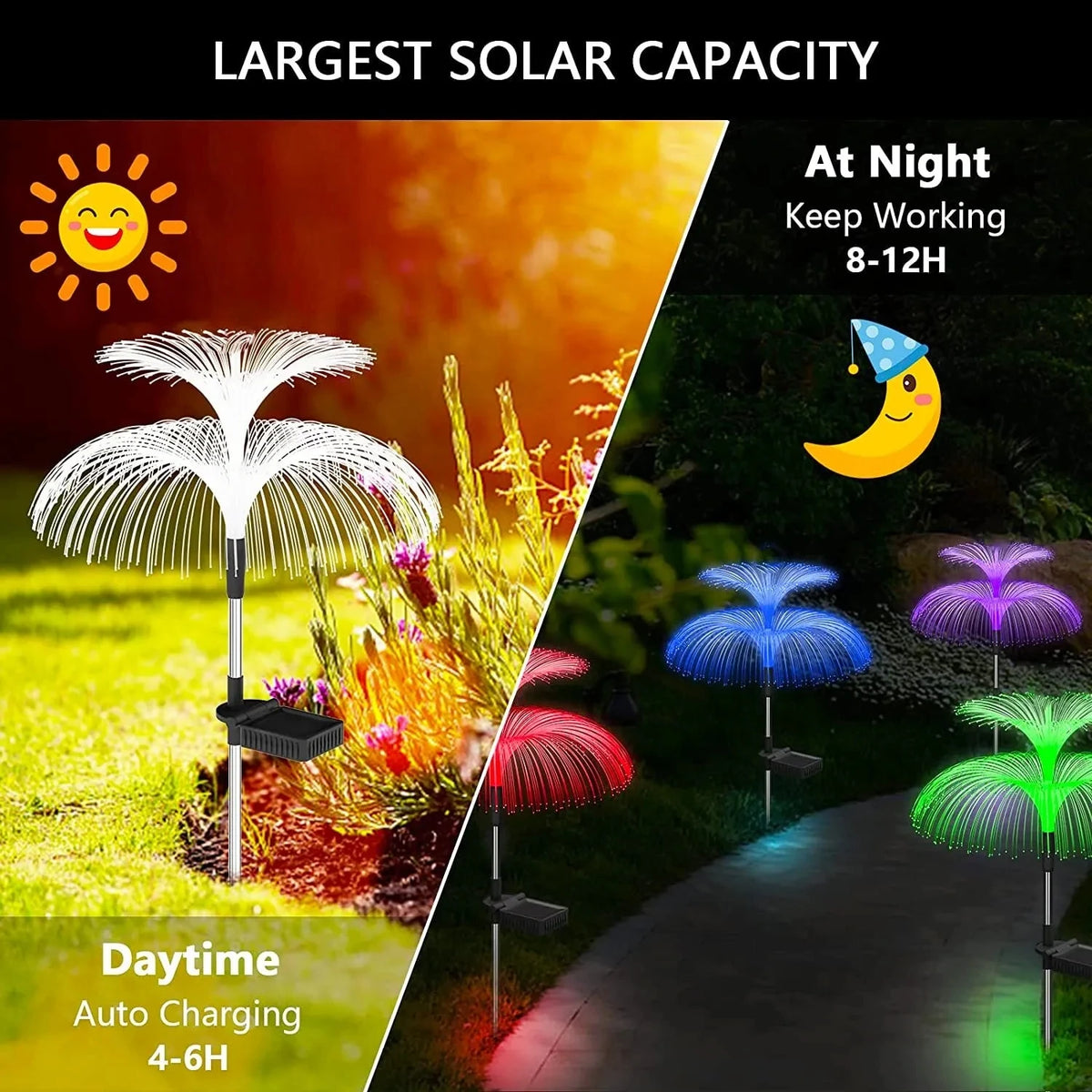 Solar jellyfish garden lights illuminating plants and pathways during the day and night