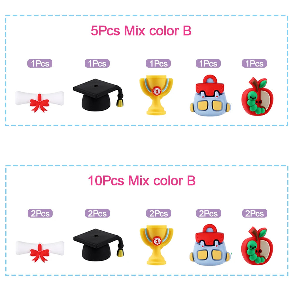 A collection of 10 silicone plant beads in mix color B, including graduation caps, trophies, and fruit shapes.