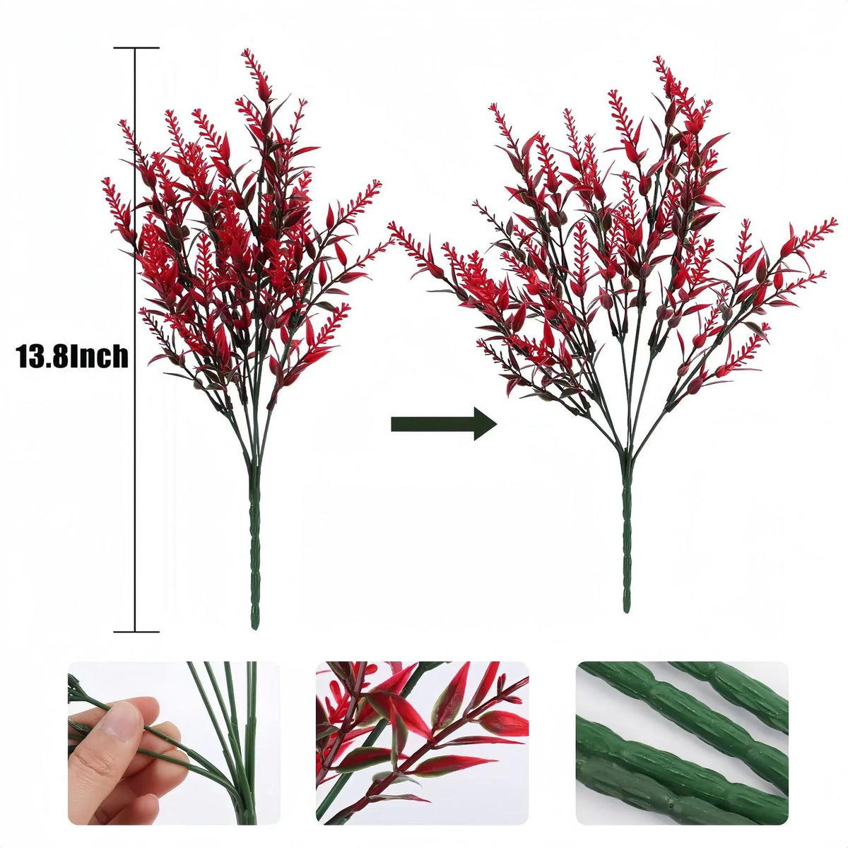 A sprig of artificial red foliage with fine, needle-like leaves shown from the side and top view.