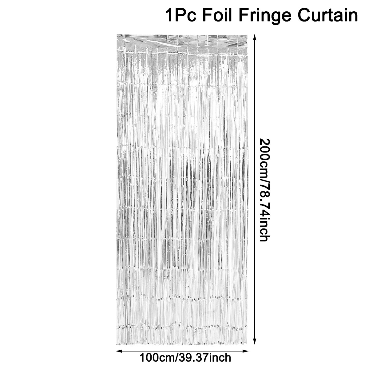 A vertical 1pc foil fringe curtain made of silver glitter material.