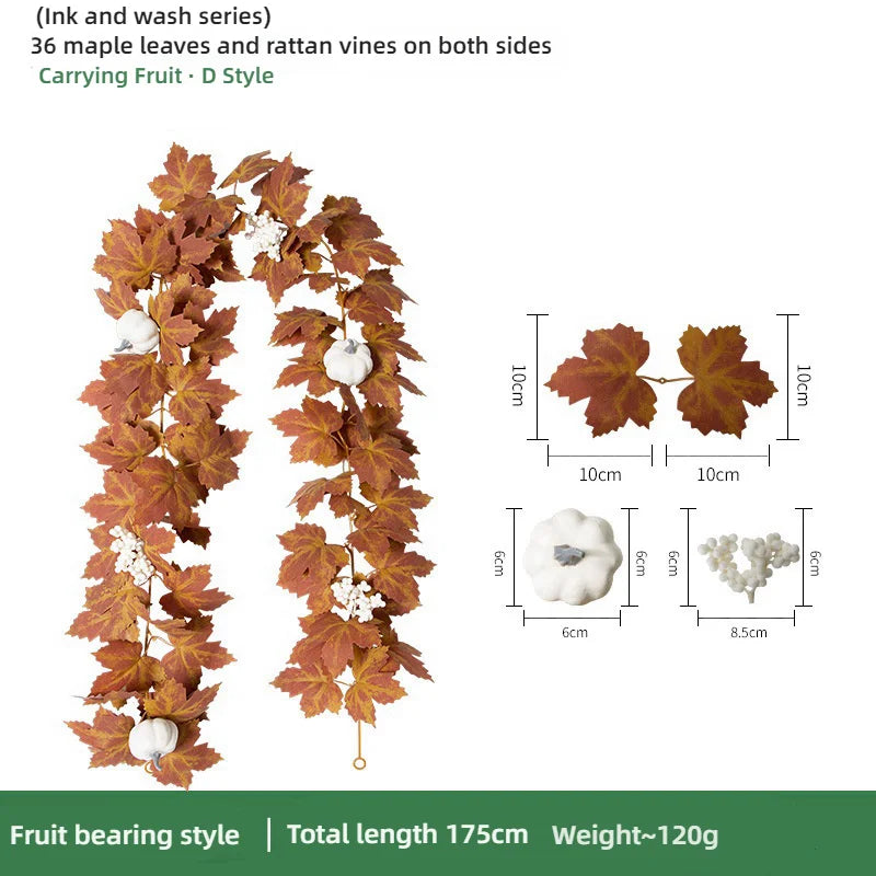 Artificial maple leaf garland with rattan vines and white fruit for autumn home decor