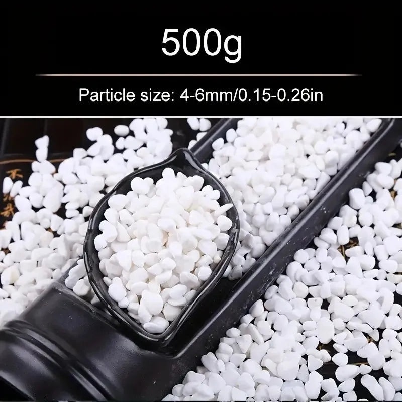500g of natural polished white pebble stones, sized 4-6mm, for aquariums and planters.