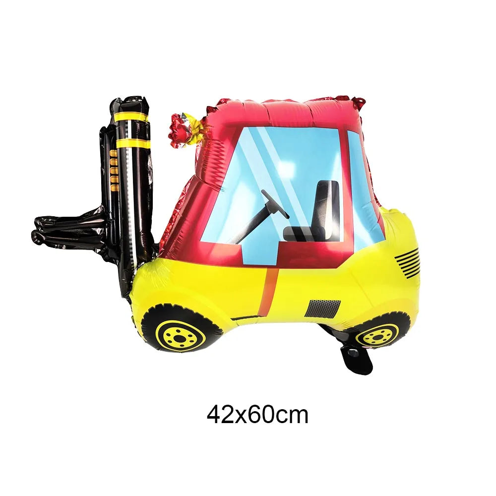 A red and yellow construction truck foil balloon decorated for a birthday party.