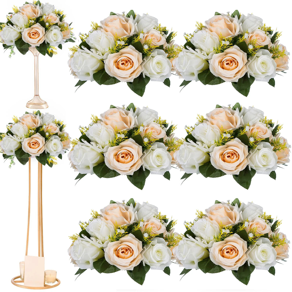A floral arrangement featuring roses in shades of cream and peach, presented as a centerpiece.