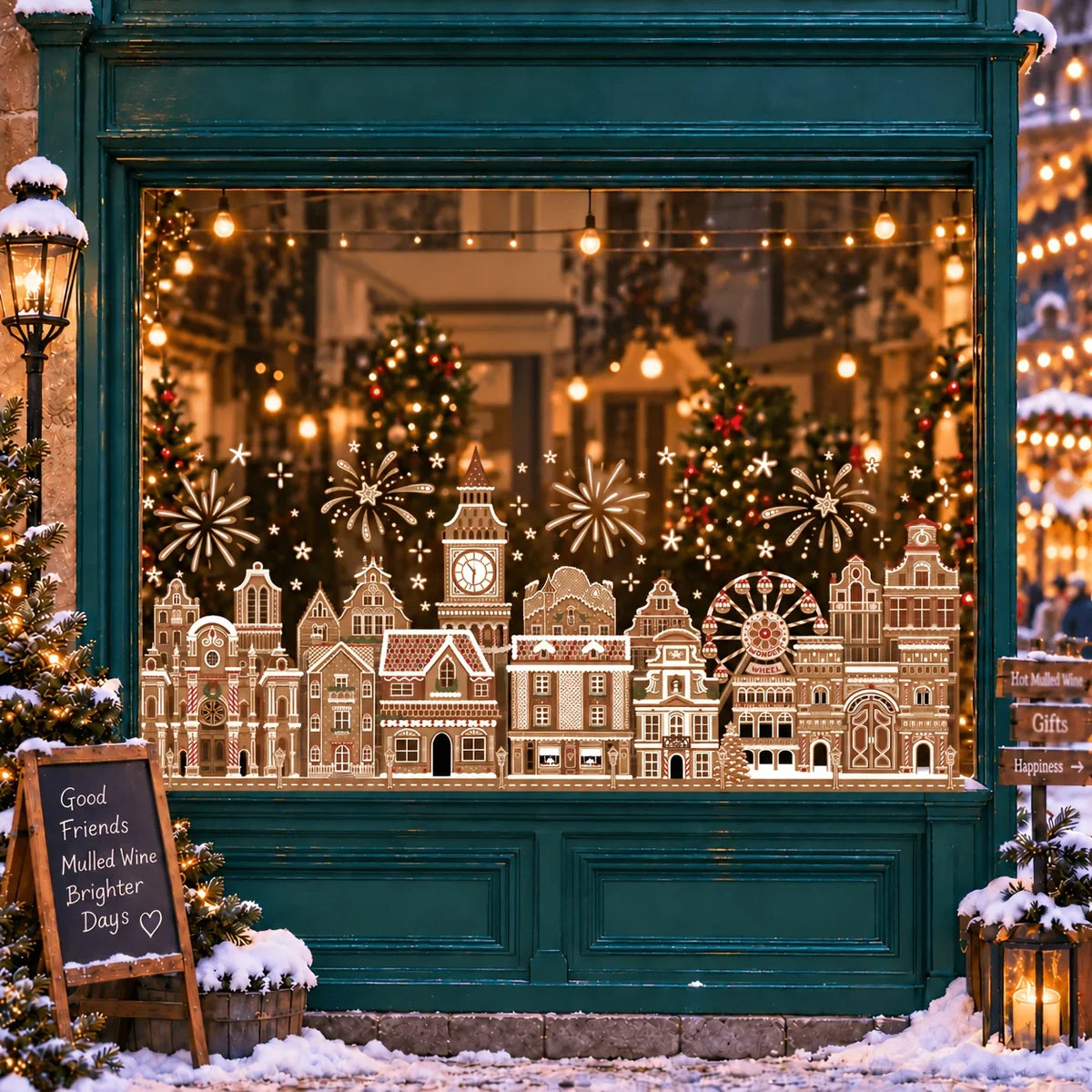 A window display featuring gingerbread house clings decorated with Christmas lights and snow.