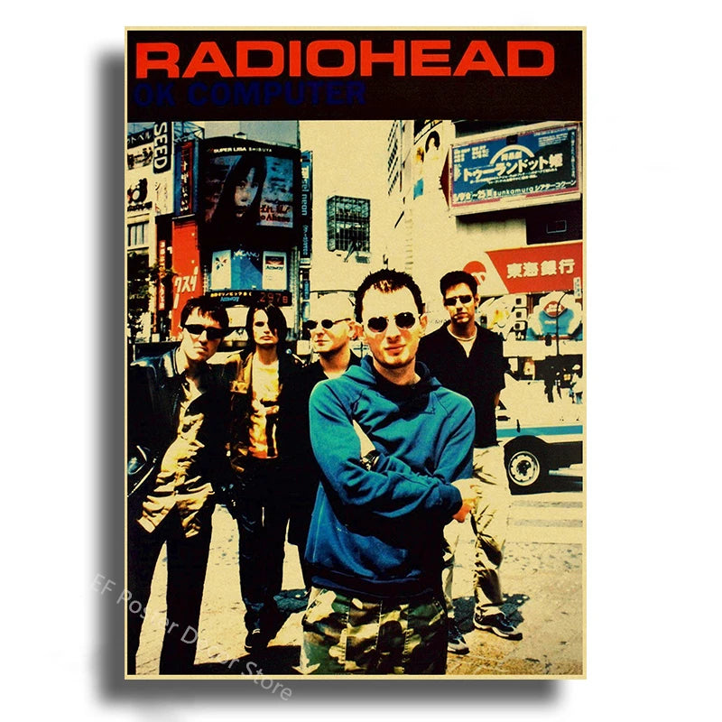 Poster for Radiohead featuring four band members in dark clothing and sunglasses against a city backdrop.