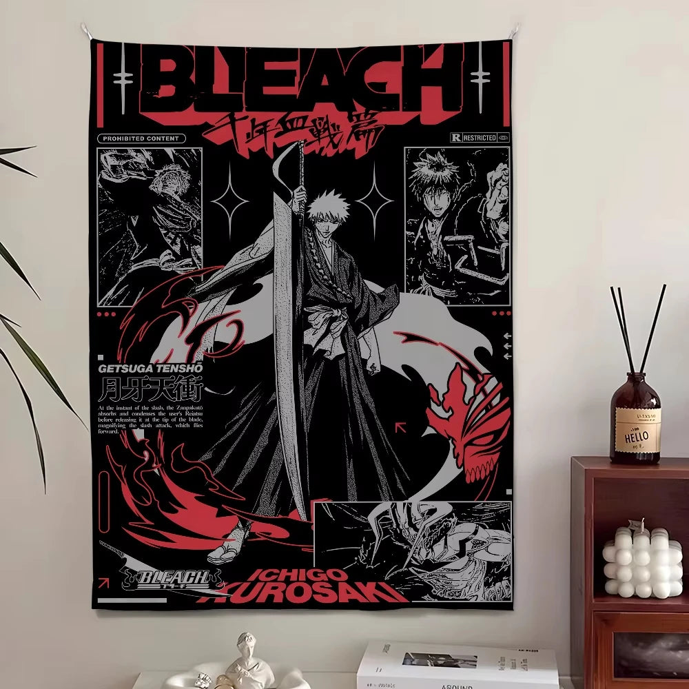 Schwarz-weißes Manga-Collage-Tapestry mit Bleach-Charakteren und Text.