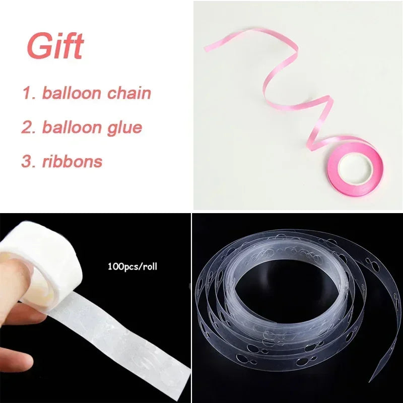 Kit for making a balloon garland arch including a balloon chain, glue, and ribbons