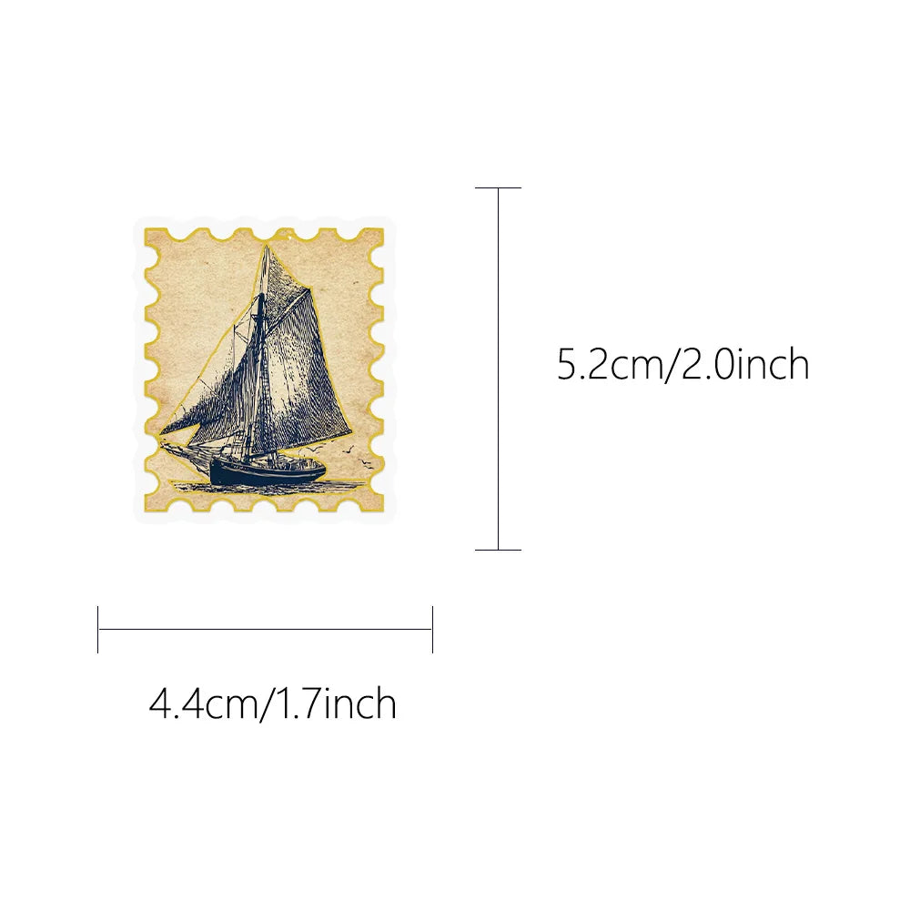A vintage-style postage stamp featuring a sailboat illustration on a light brown background.