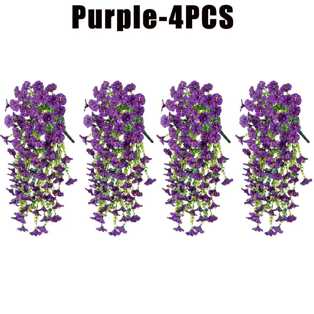 Four bunches of purple artificial morning glory hanging vines used for decoration