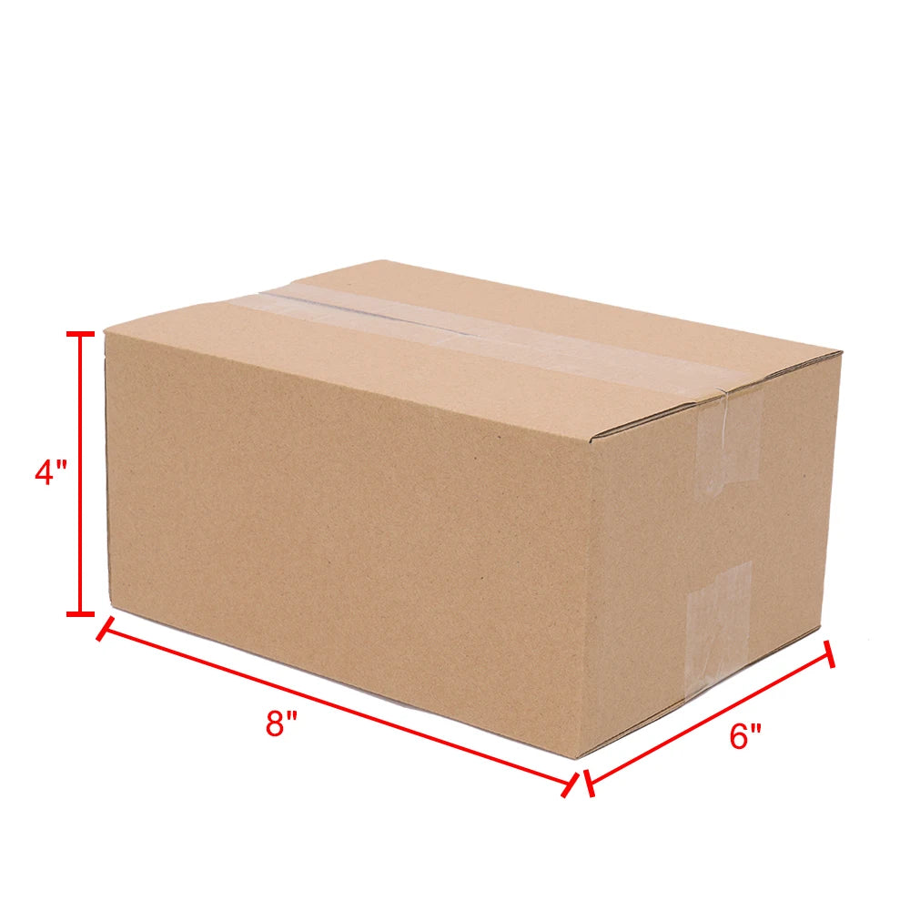 A brown corrugated cardboard box with dimensions 4 inches by 8 inches by 6 inches.