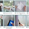 Eight steps demonstrating how to apply frosted window privacy film to glass.