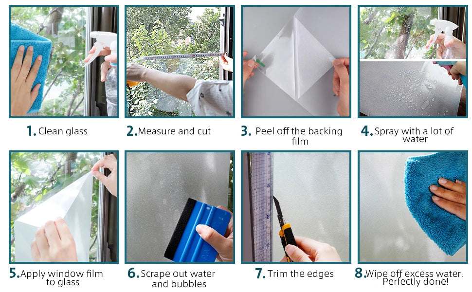 Eight steps demonstrating how to apply frosted window privacy film to glass.