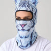 A man wearing a blue and white tiger print ski balaclava mask with cat ears.